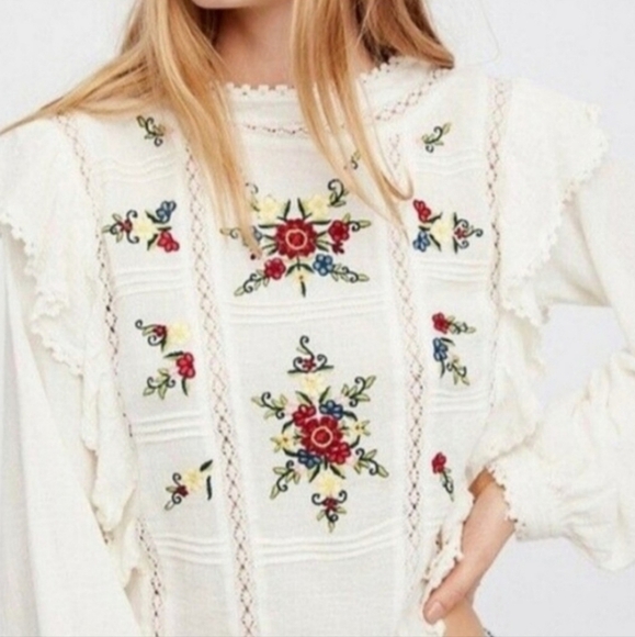 Free People Amy Ruffle Embroidered Woven Top - Picture 1 of 6